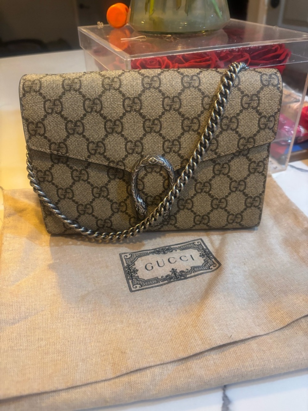 Gucci Beige GG Supreme Dionysus Crossbody Bag with Silver-Tone Chain